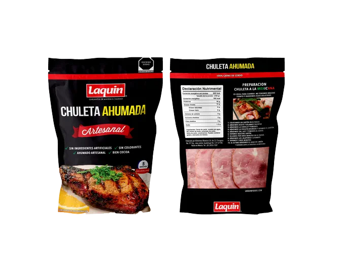 Empaque de Chuleta Ahumada Ahumex, frente y reverso con declaración nutrimental